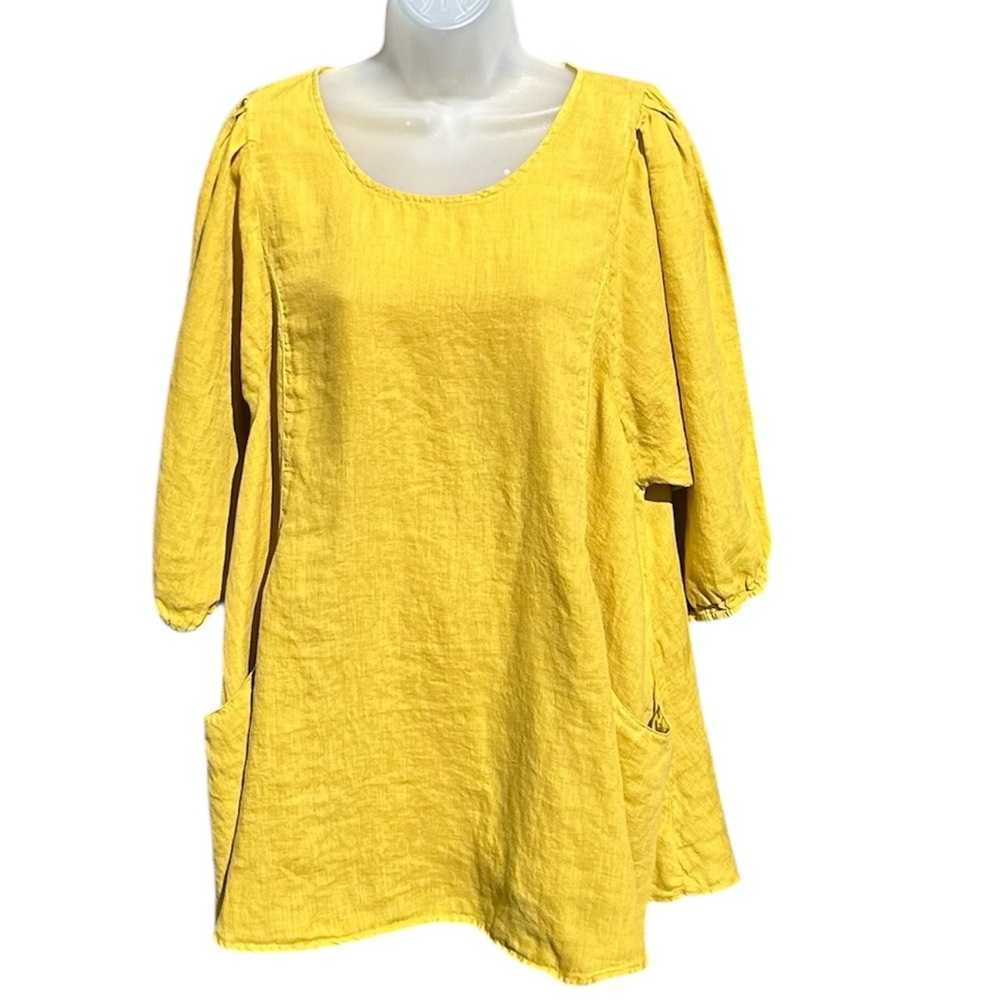 MATCH POINT XL Chartreuse HLT377 Linen Artist Lagenlook Puff Sleeve Blouse‎ Top.